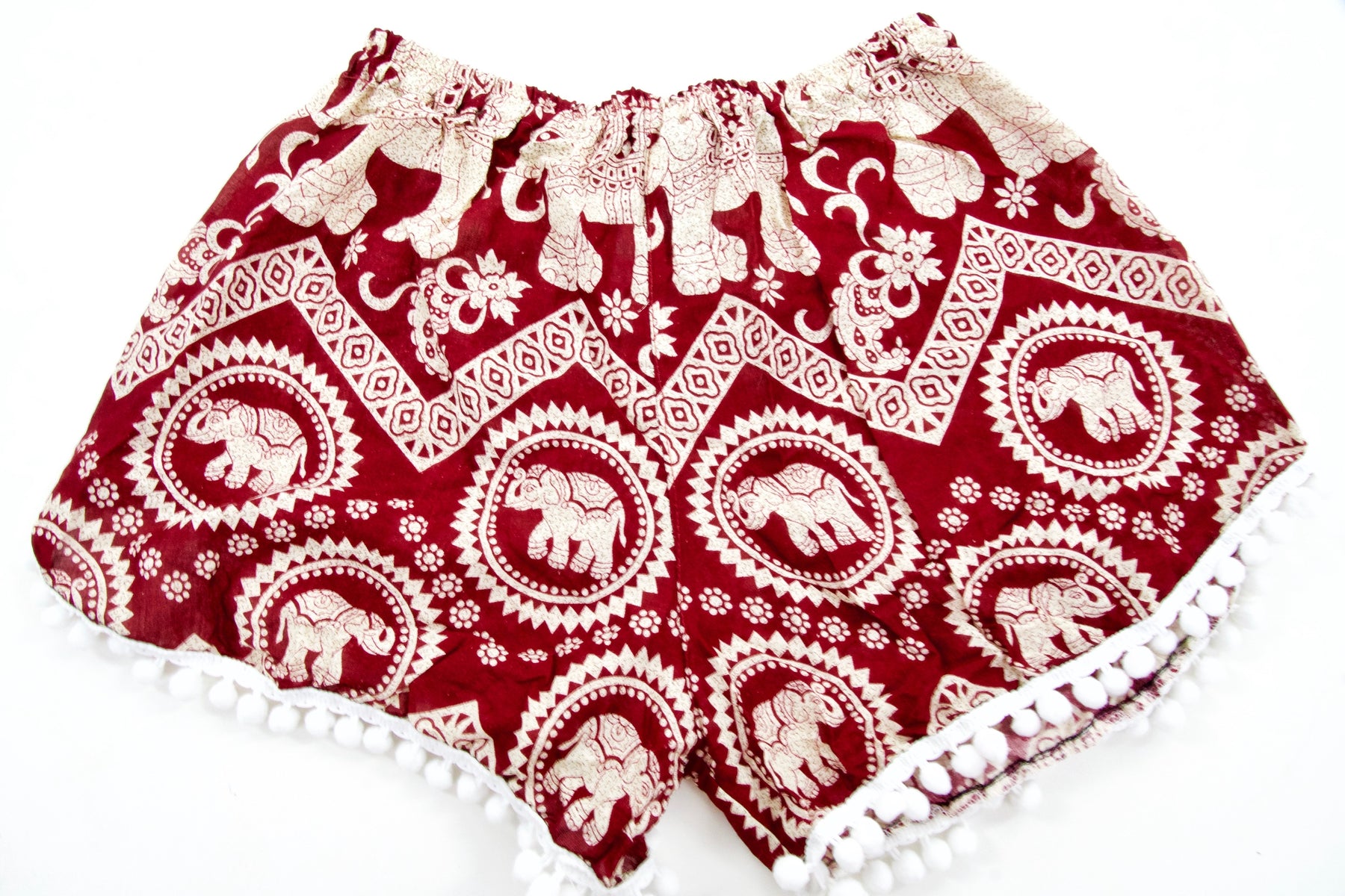 Tribal Pom-pom Elephant Shorts-Red