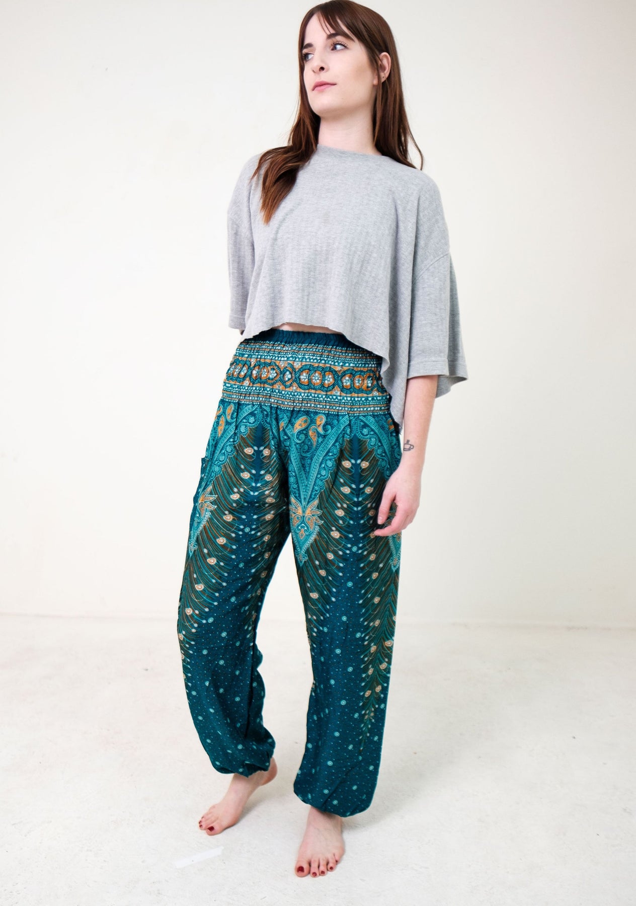 PEACOCK PALAZZO PANTS Women Red Small to Large Plus Sizes Hippie